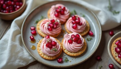 Savoring delightful pink frosted desserts topped with pomegranate on a rustic plate