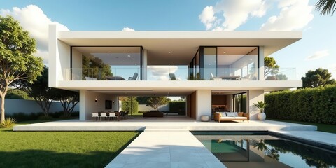 Fototapeta premium Modern Architectural Design Luxurious Two-Story Home with Infinity Pool and Expansive Outdoor Living Spaces