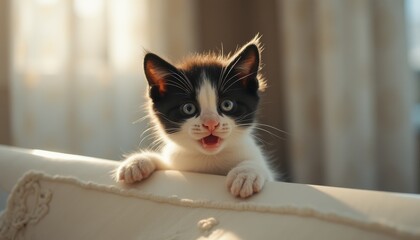 Endearing black and white kitten curiously peeks over the couch in a cozy, sunlit living room