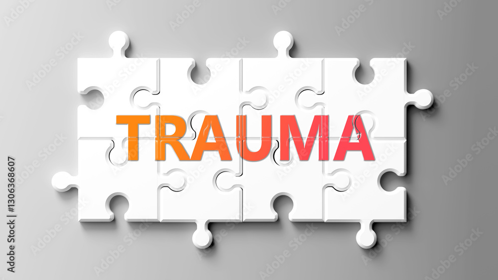 Aufkleber Trauma complex like a puzzle - pictured as word trauma on a puzzle pieces to show that trauma is complex and needs cooperating pieces that fit together. ,3d illustration