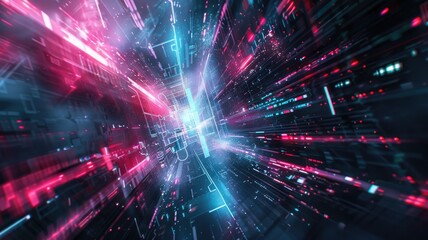 Fototapeta premium Abstract picture of neon light particle with digital technology style design connecting become dynamic of electric wave movement represent about flowing of data or structure of network system. AIG53.