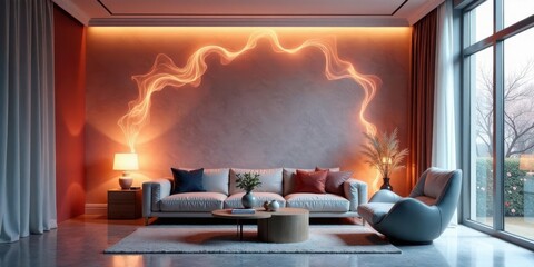 Modern Living Room Interior Design with Warm Ambient Lighting and Abstract Wall Decor