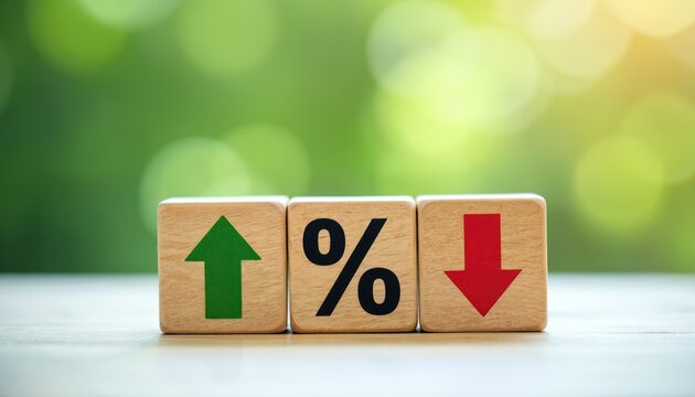 Wooden cubes display interest rates and mortgage rates concept with percentage symbol, arrow up and down on nature background. Economic indicator of financial trends and stock market predictions.