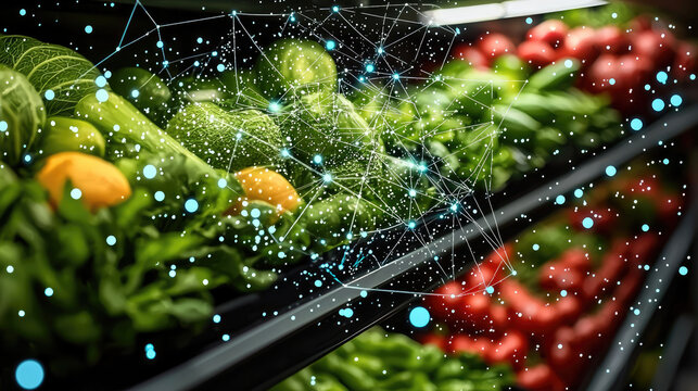 Fresh vegetables and fruits displayed in grocery store with digital overlay