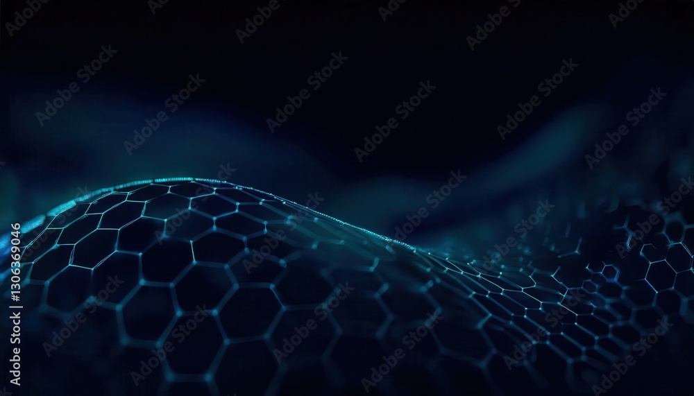Poster futuristic glowing hexagonal mesh with fluid waves in dark blue tones, ideal for technology backgrou