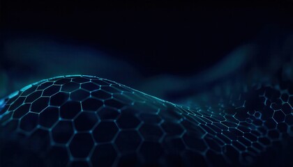 futuristic glowing hexagonal mesh with fluid waves in dark blue tones, ideal for technology background, ai visualization, sci-fi design

