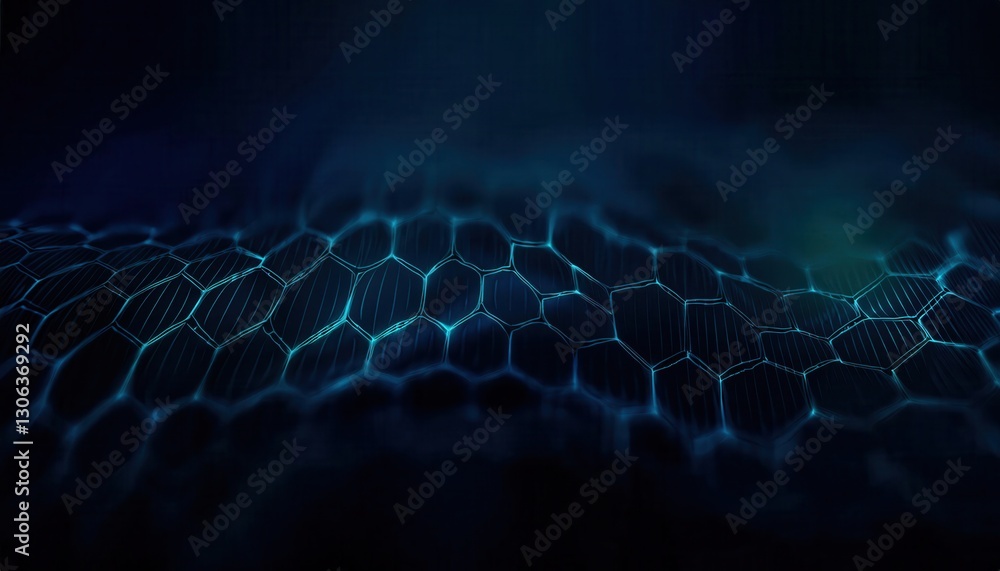 Poster futuristic glowing hexagonal mesh with fluid waves in dark blue tones, ideal for technology backgrou