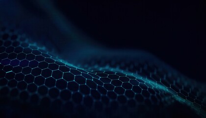 futuristic glowing hexagonal mesh with fluid waves in dark blue tones, ideal for technology background, ai visualization, sci-fi design

