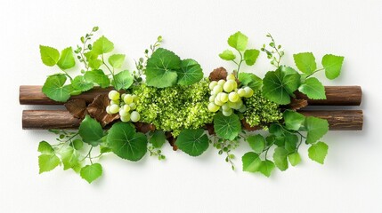 Green Grapes and Vines on Wooden Logs
