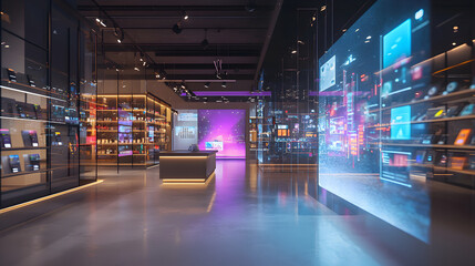 Showcasing new technology products modern retail store photography urban environment wide angle view innovation focus