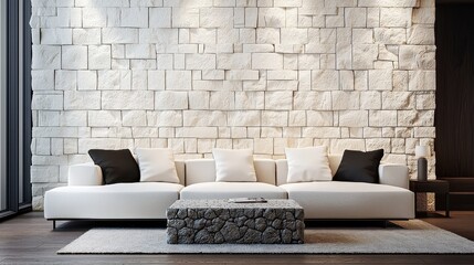 Modern Living Room with Stone Wall and Stylish Sofa Arrangement
