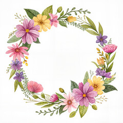 Obraz premium Watercolor Floral Wreath in Pastel Colors, Elegant Botanical Frame with Copy Space