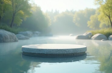Round podium platform in pond with calm blue water. Showcase outdoor spring nature background. Empty stage circle for product display. Natural modern minimal illustration for advertising.