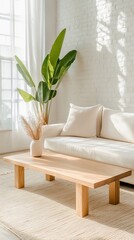Minimalist living room, sunlight, plants