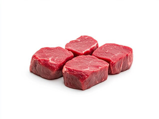 3D four pieces of red meat on a white surface with vibrant colors and dynamic effects, perfect for celebrations and parties