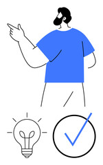 Man in blue shirt pointing, lightbulb representing ideas and creativity, checkmark signifying approval. Ideal for decision-making, innovation, teamwork, leadership, success, strategy flat simple