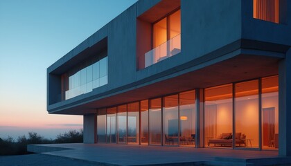 Cinematic look at an avant garde developer's modern architectural creation at dusk in a serene landscape