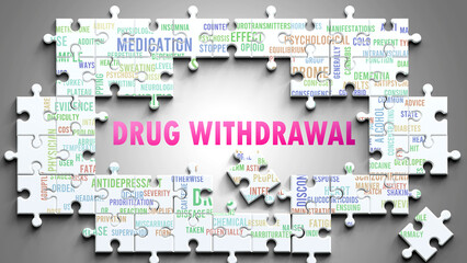 Drug Withdrawal as a complex subject, related to important topics. Pictured as a puzzle and a word cloud made of most important ideas and phrases related to drug withdrawal. ,3d illustration
