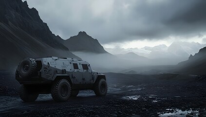 Armored vehicle in mountainous landscape under dramatic sky