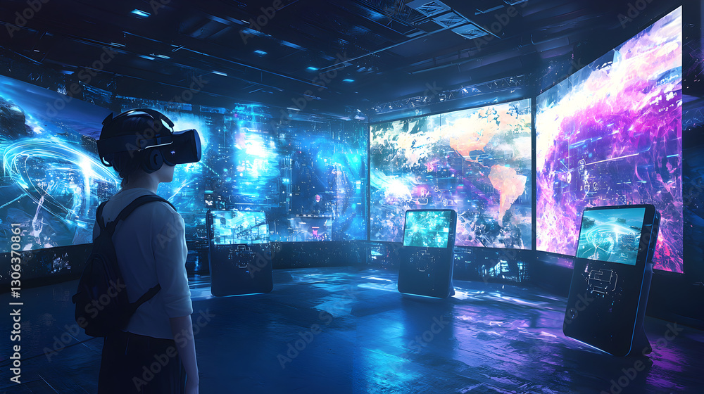 Poster exploring virtual reality gaming experience high-tech center digital art futuristic environment eye-