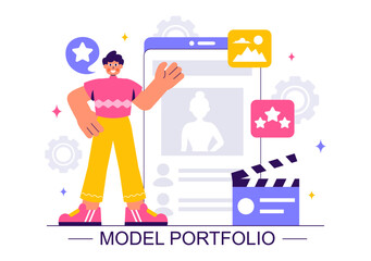 Model Portfolio Vector Illustration featuring a Modeling Agency Manager and a Photographer Taking Photos of a Model on a Platform in a Flat Background
