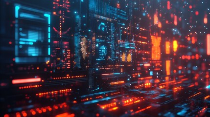 Fototapeta premium Abstract Futuristic Digital Cityscape With Neon Lights