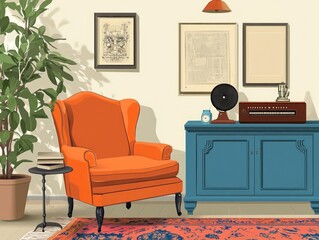 Cozy vintage living room interior with armchair, cabinet, and plants.