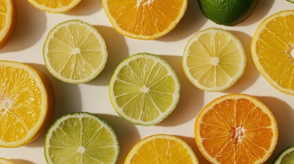 A vibrant display of sliced citrus fruits, including oranges and limes, arranged artistically on a light background.