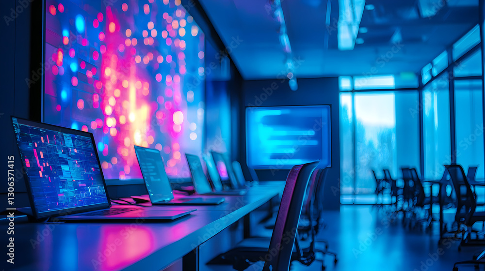 Poster dynamic data analysis event corporate office digital workspace modern environment wide-angle view te