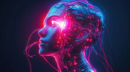 Create a cybernetic human unplugging from a network, wires detaching, revealing their inner light, Cyberpunk, Neon Glow, Futuristic 3D Render