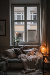 Fototapeta premium Cozy, warm interior room with window seat, soft lighting, and a blanket.