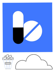 Capsule and split tablet, popcorn bucket element, and cloud graphic evoke themes of health, entertainment, and imagination. Ideal for healthcare, wellness, creativity, leisure simplicity