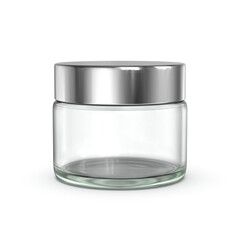 Transparent Glass jar with metal cap isolated 3D render for Mockup	