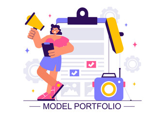 Model Portfolio Vector Illustration featuring a Modeling Agency Manager and a Photographer Taking Photos of a Model on a Platform in a Flat Background