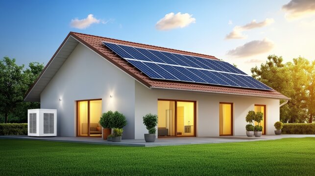 Modern Serene Exterior Scene of a House with Solar Panels Surrounded by Greenery and Soft Sunset Lighting