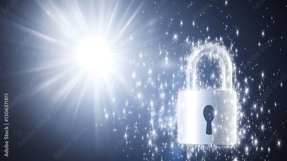 Poster secure your data digital lock and key concept virtual environment graphic design light and sparkle e