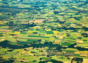 Fototapeta premium Aerial view of settlemens and fields, Germany, Europe.
