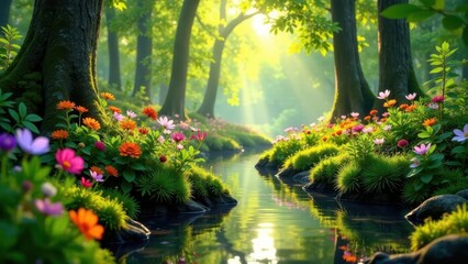 Fototapeta premium Serene Streamside Bloom Sunlit Woodland Path with Vibrant Wildflowers and Lush Greenery Reflecting in Tranquil Waters