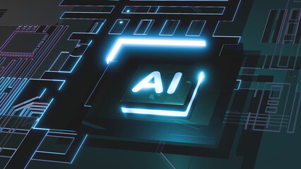3D rendering artificial intelligence concept Brain over a chip on a circuit board.