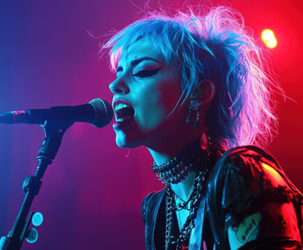A fierce punk rock singer with electric blue hair passionately performing on stage under neon lights

