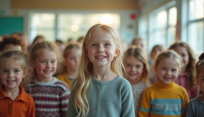 Obraz premium Diverse group of children in a warm classroom during a cheerful group activity