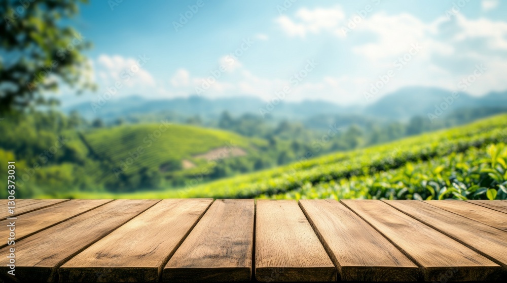 Aufkleber a rustic wooden table sits in the foreground, offering a stunning view of sprawling green tea fields
