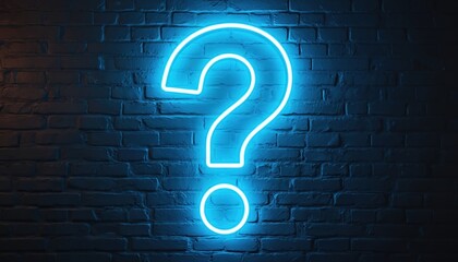 Neon question mark on dark brick wall. Glowing blue light in shape of big question symbol. Illuminated sign art graphic design element for urban nightlife background.
