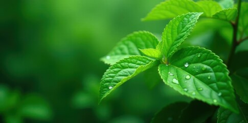 Rain-soaked green leaves, vibrant, glistening , image, monsoon