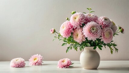A delicate bouquet of light pink blossoms arranged in a simple vase rests on a pristine white surface against a muted background