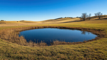 Wide field with rolling terrain and a small pond reflecting the clear blue sky
