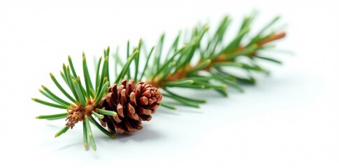 Fototapeta premium A single pine branch with a closed cone, isolated on white , greenery, twig, woodland