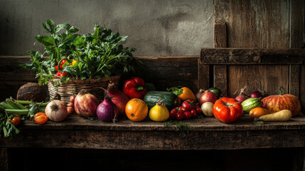 Close-up of farm fresh vegetables and fruits arranged on a wooden table with rustic charm