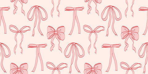 Pink vintage coquettish ribbon bows seamless pattern for fabric, wallpaper, gift wrapping, stationery and digital backgrounds. Elegant and feminine hand-drawn design for romantic creative projects.