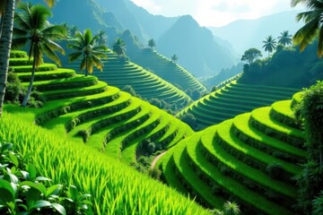 Emerald rice terraces cascade down, lush jungle backdrop, palm trees sway , paddy fields, Bali, green